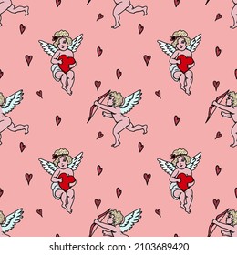 Valentines Day seamless pattern with vintage little cupids and hearts on a pink background. Vector illustration.