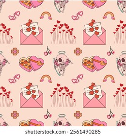 Valentine's day seamless pattern in vintage retro style, scene is cheerful and festive with envelope, skull and more. Design texture ideal for printing fabric and paper.