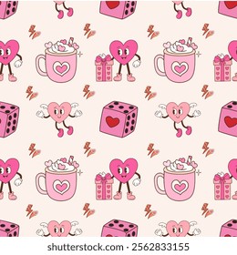 Valentine's day seamless pattern in vintage retro style, scene is cheerful and festive with dice, cute character and more. Design texture ideal for printing fabric and paper.