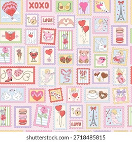 Valentines dia sem emenda padrão com vintage selos de postagem em estilo desenhado à mão