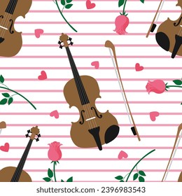 Valentines day seamless pattern with violins, roses and hearts. St Valentines background with fiddle and roses