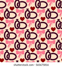 Valentines Day seamless pattern with wedding rings and bows. Vector illustration