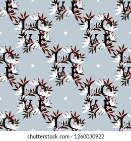 Valentine's Day seamless pattern of white flowers branches around LOVE text and star on light gray background. Design for Valentines day concept. Vector illustration.