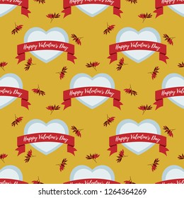 Valentine's day seamless pattern of white heart with Happy Valentine's Day text in red ribbons and red flowers branches on yellow background. Design for Valentines day concept. Vector illustration.