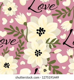 Valentine's day seamless pattern of white flowers branches with little hearts and Love text on pink color background. Concept of love and Valentines day. Vector illustration.