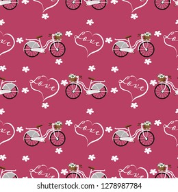 Valentine's day seamless pattern of white bicycle with tiny flowers and Love text in heart shape on pink background. Vector illustration.