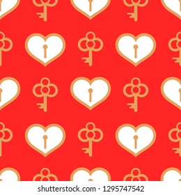 Valentine's day seamless pattern. White hearts and golden keys on the red background. 