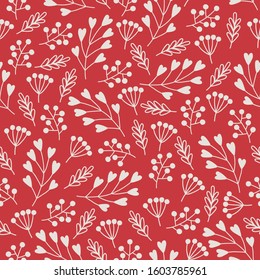 Valentine's Day seamless pattern with white herbs, berries, branches, hearts. Scandinavian style. Perfect for greeting cards, wallpaper, gift paper, wedding decorations