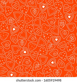 Valentine's day seamless pattern. White hearts on lush lava background. Color  trend 2020 year.  Vector illustration in a flat style.