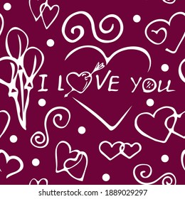 Valentine's day seamless pattern. White elementars on a marsala background. Hearts, balloons, curls and the inscription "I love you"