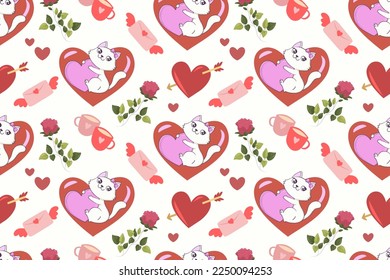 Valentine's day seamless pattern with white cat, heart, rose, love letter. Elegant romantic background for wedding, ornament. For greeting cards, fabric, textile, print, cover
