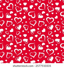 Valentine's day seamless pattern with white hearts on a red background. Vector seamless print. Hand-drawn illustration, not AI 