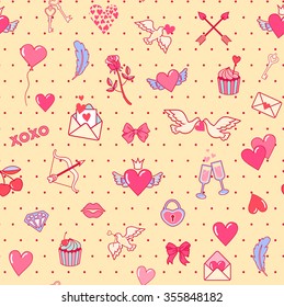 Valentine's Day. Seamless pattern for valentine's day. White background. Heart, arrow, bow, dove, cherry lips, kiss, crown, etc