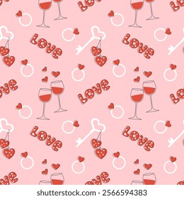 Valentine's Day. Seamless pattern with wine glasses, love inscription, ring and key with hearts on pink background. Concept of tenderness and love. Cute background for valentine's day, wedding decor