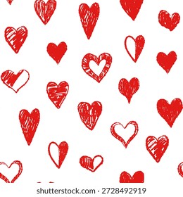 Patrón sin fisuras del día de San Valentín con los corazones rojos dibujados con la textura del lápiz del crayón
