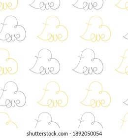 Patrón sin fisuras del día de San Valentín con la palabra amor. Diseño de letras con colores de tendencia que iluminan el amarillo y el gris extremo.