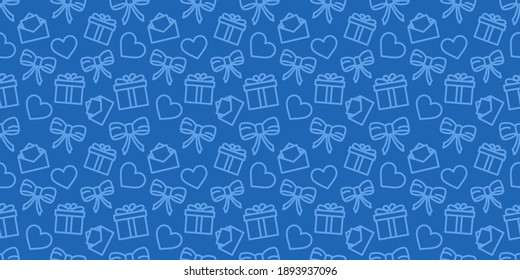 Valentines day seamless pattern. Wrapping paper ornament. Love holiday vector texture. Festive blue background with valentine's day icons. Hearts, gifts and bows in fabric repeatable design