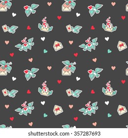Valentine's Day. Seamless pattern for valentine's day. For your design. Vector Illustration. With love! Dove, bird, heart, envelope, letter, love, gift, kiss, love, wings, mail