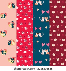 Valentinstag nahtlose Muster mit Katzen Set. Sammlung romantischer Hintergründe mit einigen verliebten Katzen, Herzen, Kätzchen. Vektorgrafik. Für Druck, Karte, Umhüllungspapier 