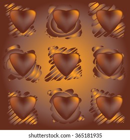 Valentines day seamless patterns with chocolate hearts in squares and spots. Mosaic card, tiled ornament. Vector illustration. Valentines day design.
