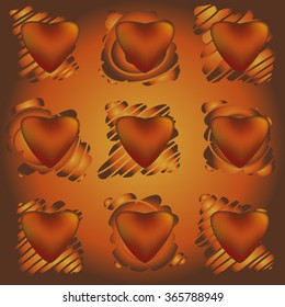 Valentines day seamless patterns with chocolate hearts in squares and spots. Mosaic card, tiled ornament. Vector illustration. Valentines day design.
