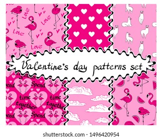 Valentines day seamless patterns collection. Repeated ornaments bundle with different animals and textures. Vector illustration.