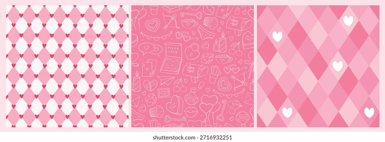 Día de San Valentín sin fisuras patrones de colección con garabatos y rombos en la paleta de color rosa. Bueno para impresiones textiles, Fondos de pantalla, papeles de embalaje, papelería, fondos, etc. EPS 10