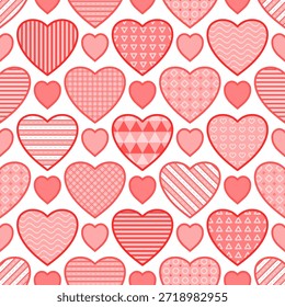 Valentinstag nahtlose Muster mit Herzen, romantischer Hintergrund. für Stoffdruck, Geschenkpapier, Tapete, Hochzeitsdekor. Vektorgrafik
