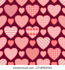 Valentinstag nahtlose Muster mit Herzen, romantischer Hintergrund. für Stoffdruck, Geschenkpapier, Tapete, Hochzeitsdekor. Vektorgrafik