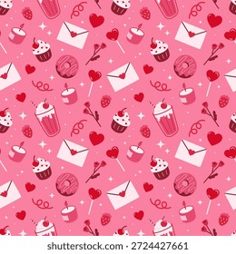 Valentinstag nahtlose Muster mit Herzen, Liebesbriefen, Desserts, romantischen Hintergrund. für Stoffdruck, Geschenkpapier, Tapete, Hochzeitsdekor. Vektorgrafik