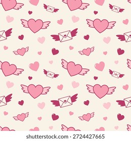 Patrones sin fisuras de San Valentín con corazones con alas, cartas de amor aladas, fondo romántico. para la impresión de la tela, papel de regalo, Fondo de pantalla, decoración de la boda. Ilustración vectorial