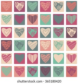 Valentines day seamless patterns with hearts in squares. Mosaic card, tiled ornament. Vector illustration. Valentines day design.