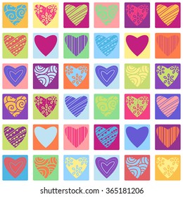 Valentines day seamless patterns with hearts in squares. Mosaic card, tiled ornament. Vector illustration. Valentines day design.