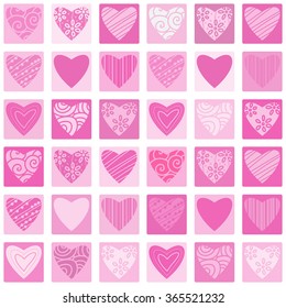 Valentines day seamless patterns with hearts in squares. Mosaic card, tiled ornament. Vector illustration. Valentines day design.
