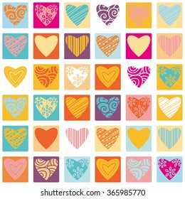 Valentines day seamless patterns with hearts in squares. Mosaic card, tiled ornament. Vector illustration. Valentines day design.