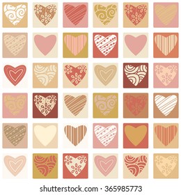 Valentines day seamless patterns with hearts in squares. Mosaic card, tiled ornament. Vector illustration. Valentines day design.