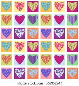 Valentines day seamless patterns with hearts in squares. Mosaic card, tiled ornament. Vector illustration. Valentines day design.