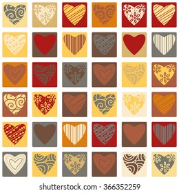 Valentines day seamless patterns with hearts in squares. Mosaic card, tiled ornament. Vector illustration. Valentines day design.