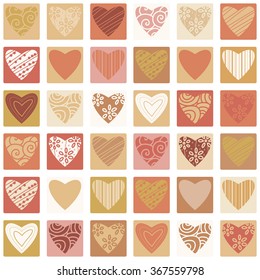 Valentines day seamless patterns with hearts in squares. Mosaic card, tiled ornament. Vector illustration. Valentines day design.