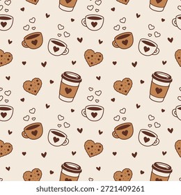 Dia dos namorados padrões sem costura com biscoitos em forma de coração, caneca de café do casal, fundo romântico. para impressão de tecido, papel de embrulho para presente, papel de parede, decoração de casamento. Ilustração vetorial