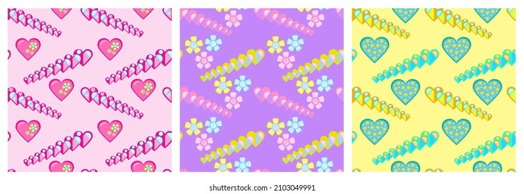 Valentines day seamless patterns with  love hearts isolated on white background. Cute endless patterns for cover, wrapping paper, background, textile, fabric and other use. Vector illustration. Set.