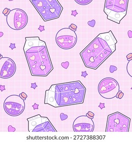 Patrones sin fisuras del día de San Valentín con las pociones del amor y la leche, fondo romántico. para la impresión de la tela, papel de regalo, Fondo de pantalla, decoración de la boda. Ilustración vectorial