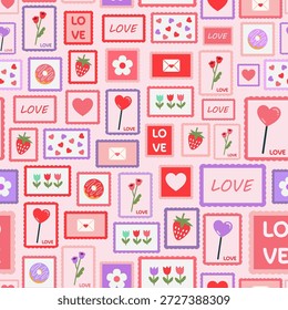 Patrones sin fisuras del día de San Valentín con sellos de amor, fondo romántico. para la impresión de la tela, papel de regalo, Fondo de pantalla, decoración de la boda. Ilustración vectorial