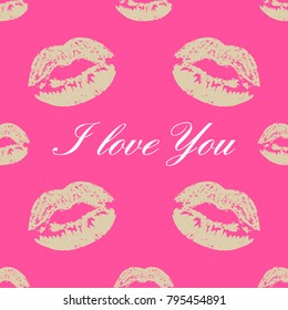 Valentine's Day seamless patterns. Pink endless backgrounds with beige kiss lipstick prints, and calligraphic white inscription I love you