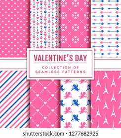 Valentine's Day seamless patterns. Set of love and romantic backgrounds in pink, blue and white colors. Vector collection.