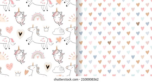 Valentine's day seamless patterns set with unicorns and rainbows, kids wallpaper, holidays background for gift paper, doodle elements, seasonal design