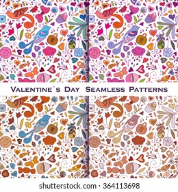Valentines day seamless patterns with singing birds, hearts, candies, flowers, bows, rain, clouds, abstraction, keys and lock, arrows, feathers, cakes, love letters. Hand drawn vector illustration.