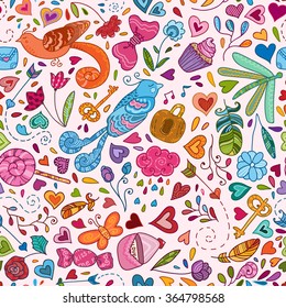 Valentines day seamless patterns with singing birds, hearts, candies, flowers, bows, rain, clouds, abstraction, keys, lock, arrows, feathers, cakes, love letters ... Hand drawn vector illustration.