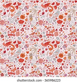 Valentines day seamless patterns with singing birds, hearts, candies, flowers, bows, rain, clouds, abstraction, keys, lock, arrows, feathers, cakes, love letters ... Hand drawn vector illustration.