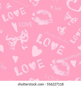 Valentine's Day seamless patterns.Pink endless backgrounds with hearts, lips, bow.  